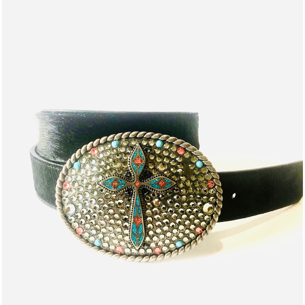Cross Rhinestone and Stone Buckle  Real Cow Hair Belt / Black Leather S 38” Long
